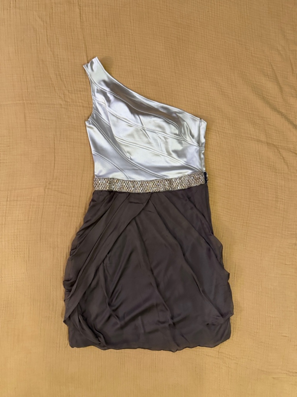 Maria Bianca Nero Vintage Silver and Taupe One-Shoulder Cocktail Dress